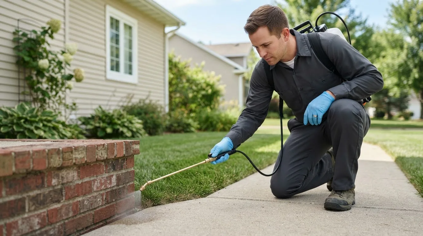 Pest control technician treating a home near Kindred, ND