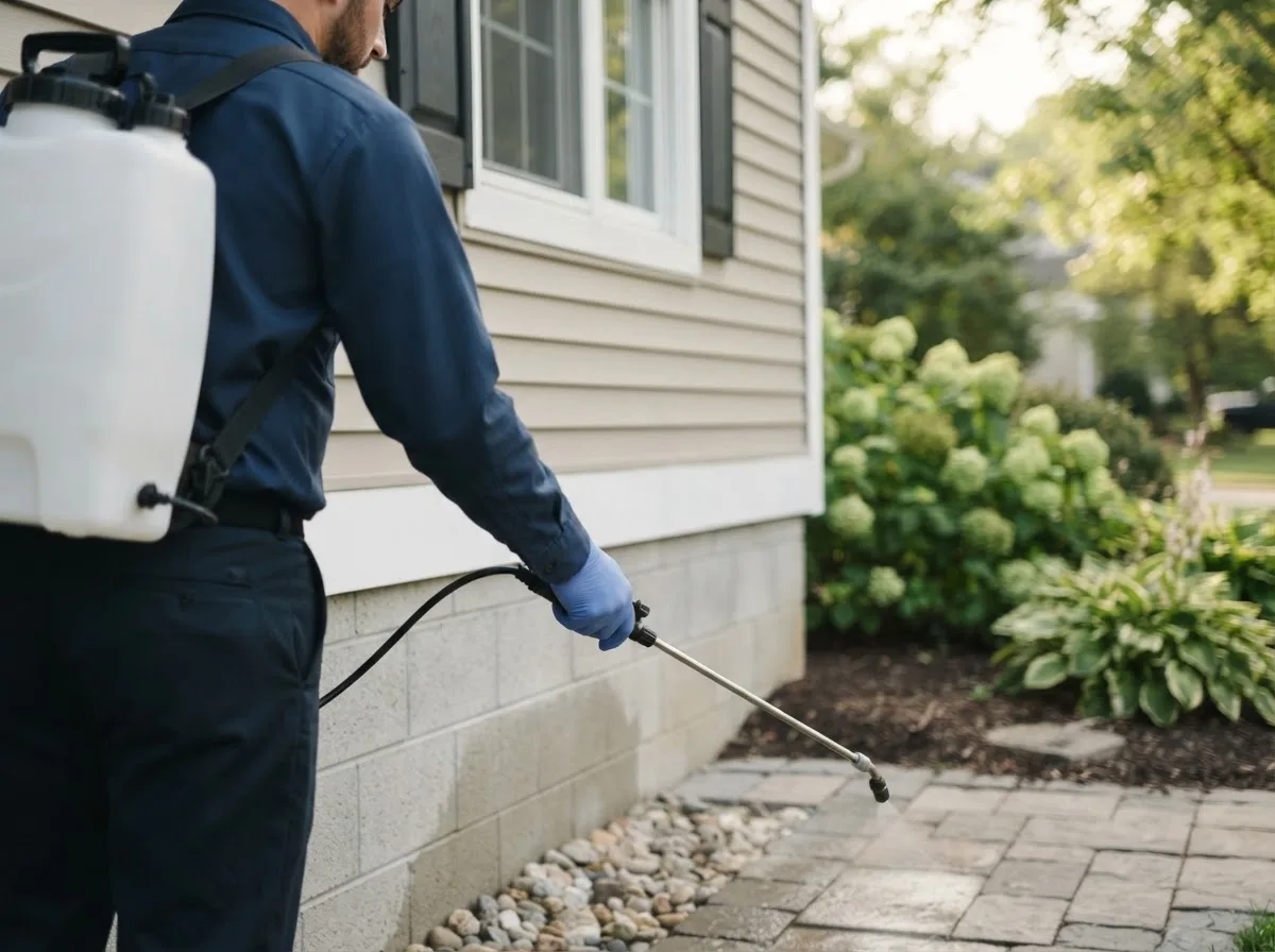 Pest control technician inspecting a home in Kindred, ND